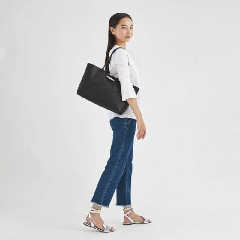 Black Longchamp Roseau L Tote Bag | SN-LCMP48002