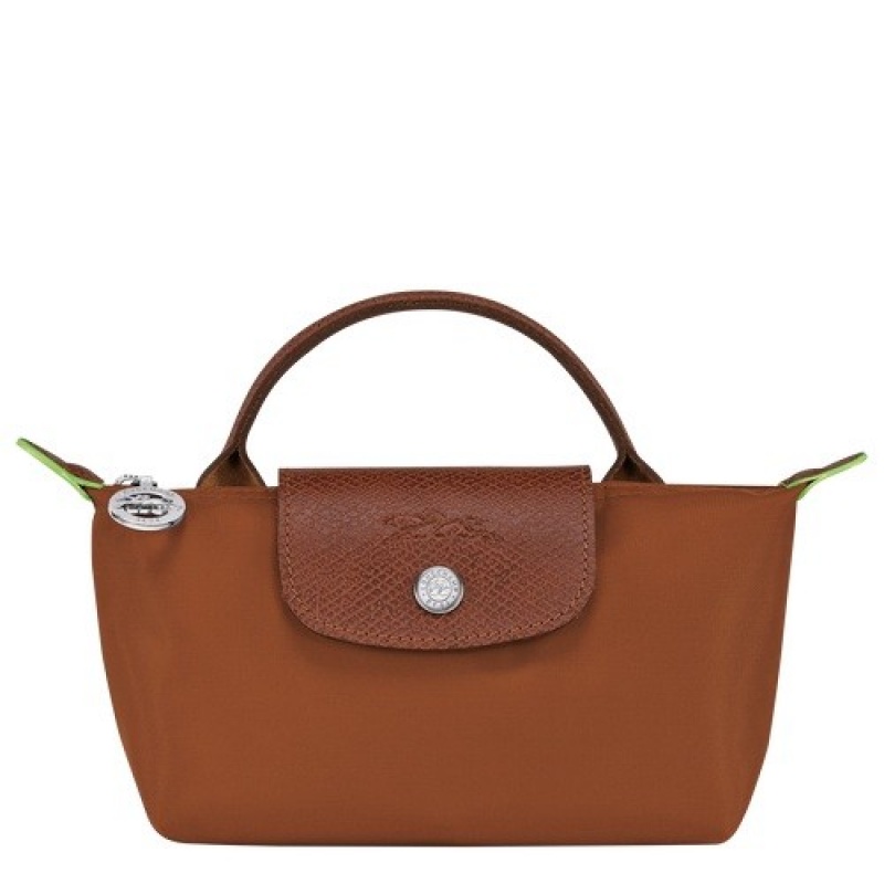 Cognac Longchamp Le Pliage Green Pouch With Handle | SN-LCMP48399