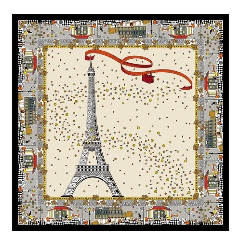 Ecru Longchamp Le Pliage In Paris Silk Scarf | SN-LCMP48904