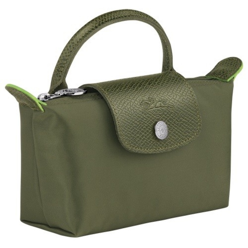 Forest Longchamp Le Pliage Green Pouch With Handle | SN-LCMP48400