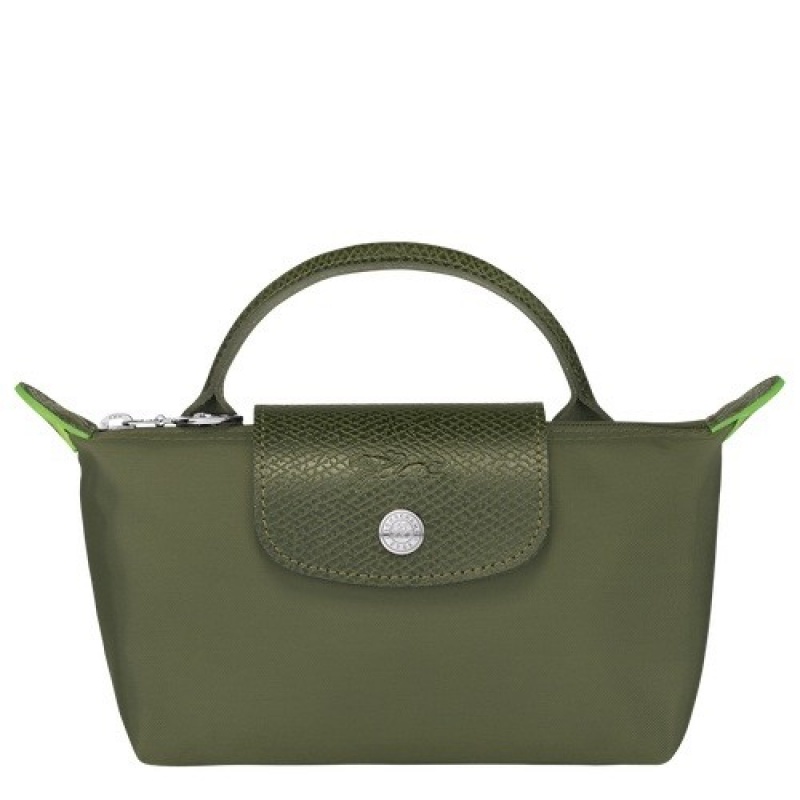 Forest Longchamp Le Pliage Green Pouch With Handle | SN-LCMP48400